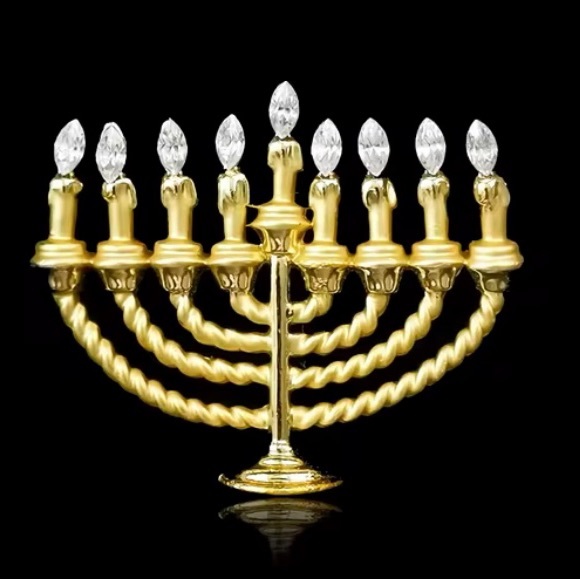 Gold Plated Menorah Brooch with Rhinestones - Picture 5 of 6